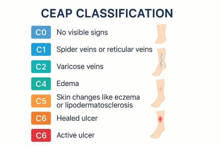 Chronic Venous Insufficiency (CVI) - A 2025 Guide to Relief, Recovery & Prevention 2 Chronic Venous Insufficiency (CVI) - CEAP Classification Chart Visualizing C0 to C6 Stages Doctors use the CEAP (Clinical, Etiological, Anatomical, and Pathophysiological) classification system to grade the severity of CVI: C0 – No signs visible C1 – Spider veins or reticular veins C2 – Varicose veins C3 – Edema C4 – Skin changes like eczema or lipodermatosclerosis C5 – Healed ulcer C6 – Active ulcer