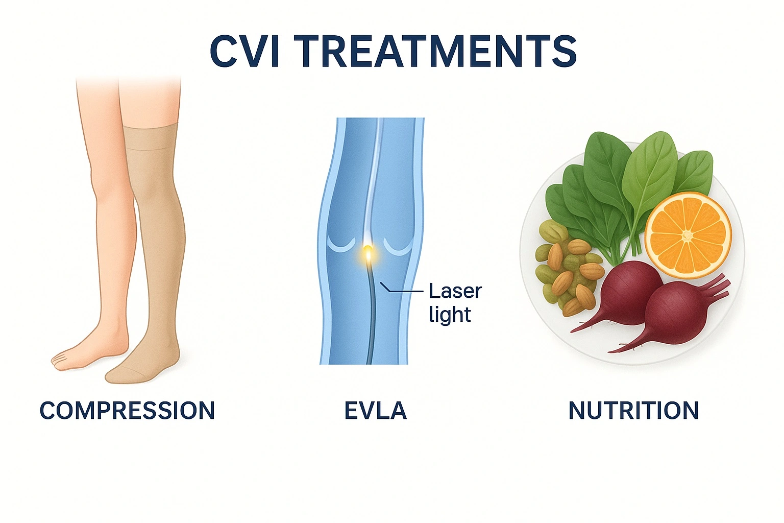Chronic Venous Insufficiency (CVI) - A 2025 Guide to Relief, Recovery & Prevention 4 Chronic Venous Insufficiency (CVI) - Side-by-Side Visual of CVI Treatments – Compression, EVLA, Nutrition
