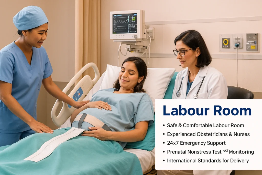 Labour Room in Sikar at Gurukripa Hospitals, realistic hospital delivery room scene, pregnant woman on delivery bed monitored by obstetrician and supported by nurse, fetal monitoring device (NST), warm lighting, modern labor equipment, international-standard setup, clean environment, horizontal layout, brochure style, right side bullet points: "Safe & Comfortable Labour Room", "Experienced Obstetricians & Nurses", "24×7 Emergency Support", "Prenatal Nonstress Test (NST) Monitoring", "International Standards for Delivery"