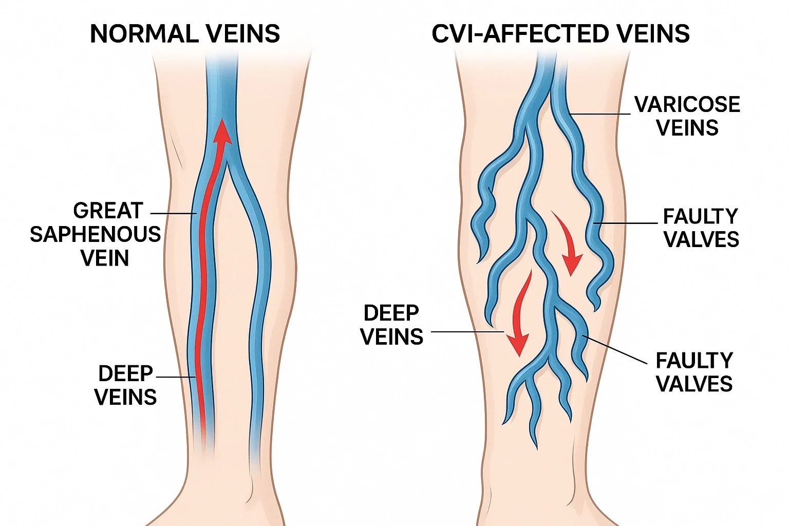 Chronic Venous Insufficiency (CVI) - Illustration of Leg Veins with Faulty Valves and Reflux
